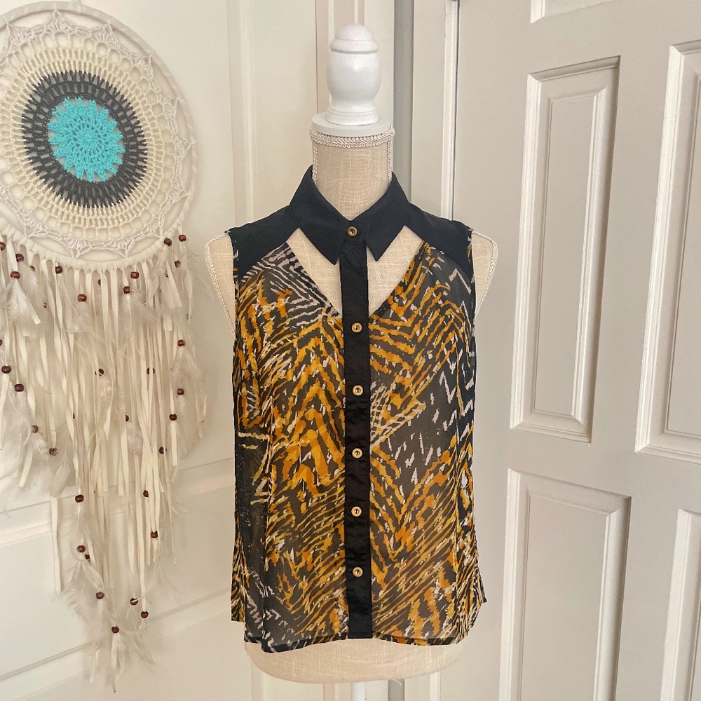 XOXO | Sheer Tiger Print Button-Up Top | Gold Accents, Size M